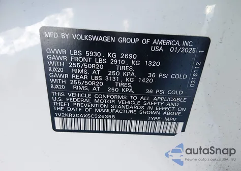 2025 Volkswagen Atlas 2.0T Se W/Technology from USA, damaged, VIN 1V2KR2CAXSC526358